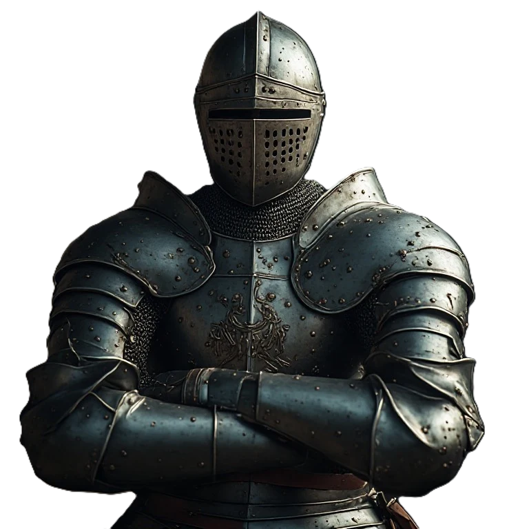 Knight Arthur standing with his arms crossed